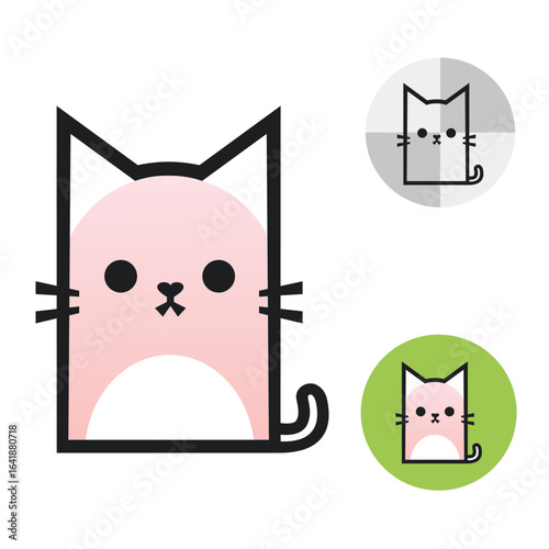 Cute kitten illustration in geometric minimalist style. Cute pink kitten logo.