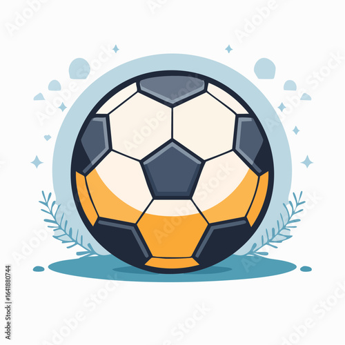 A stylized soccer ball illustration with a blue background and decorative elements.