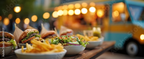 The delicious food spread featuring gourmet burgers and fresh salads.