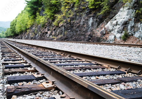 Scenic view of railroad tracks running alongside a rocky landscape, surrounded by lush greenery, captured from a low angle.