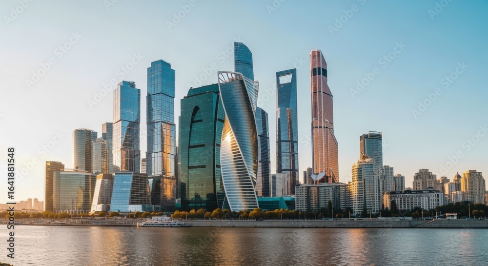 Naklejka premium Modern Cityscape Reflection: Moscow's Futuristic Skyline along the Riverfront, Featuring Skyscrapers and Urban Development