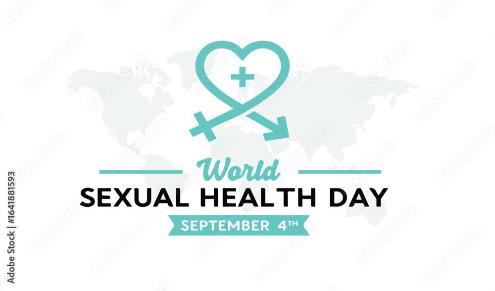 Fototapeta premium World Sexual Health Day logo with gender symbols heart and world map promoting sexual health awareness on September 4.