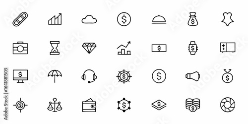 Finance and Business Vector Icon Set – Minimalist Line Art Banking, Investment, and Corporate Symbols for Apps, Websites, and Reports

