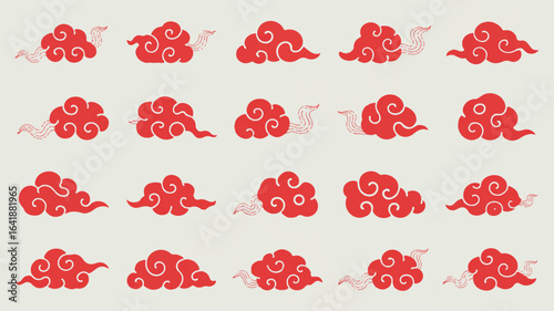 Set of Red Chinese Clouds for Graphic Design and Decoration representing Good Fortune and Longevity in Traditional Asian Culture