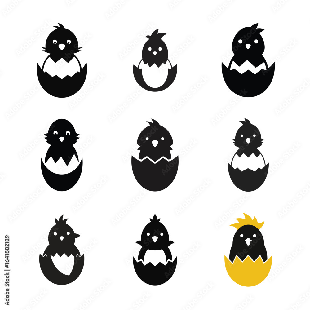 Fototapeta premium Diverse collection of hatching chicks in cracked eggs, vector illustration design