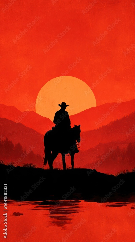 Naklejka premium Silhouette of a cowboy on horseback against a fiery sunset, framed by mountains and water