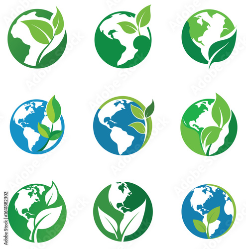 Collection of earth and leaf logos representing green technology and sustainability
