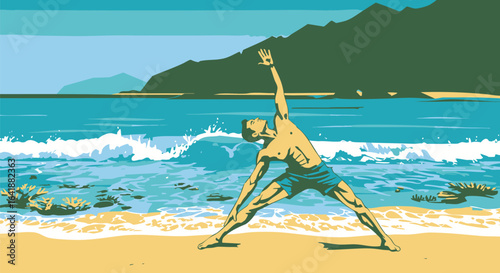 Man practicing Trikonasana yoga pose on a serene tropical beach. Vector illustration of summer wellness and relaxation by the ocean