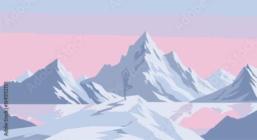 A serene figure practices yoga in a minimalist vector landscape of arctic mountains, finding tranquility and balance.
