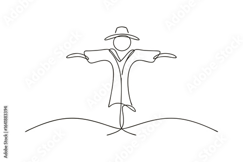 Minimalist single line drawing a scarecrow with outstretched arms vector