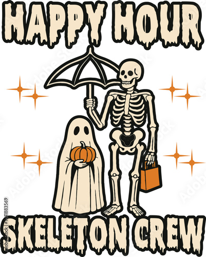 Skeleton and ghost with umbrella and pumpkin Halloween  Art & Illustration