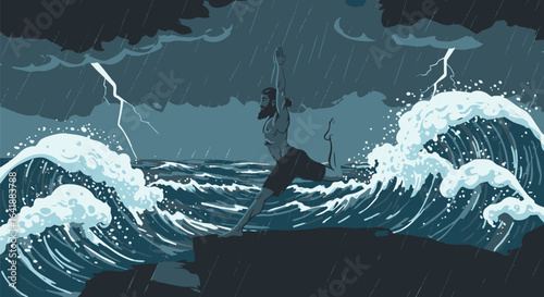 Man demonstrating inner strength and balance with a yoga pose on a cliff during a dramatic ocean storm with lightning.