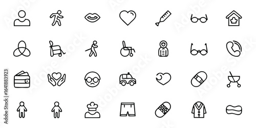 Elderly & Senior Care Outline Icon Set — Retirement, Healthcare, Mobility, and Aging Support Vector Illustrations for Medical, Community, and Wellness Design

