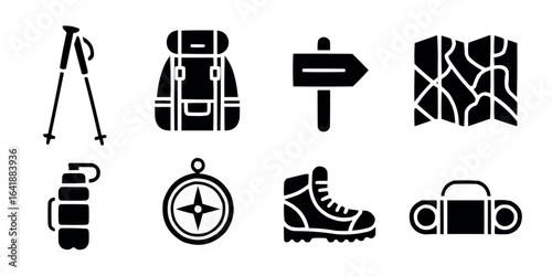 Black and white set of hiking and outdoor adventure icons representing backpacking navigation equipment and outdoor gear for adventurers and explorers