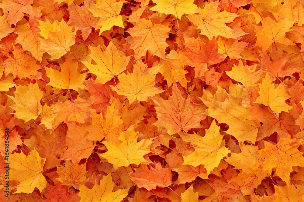 Fototapeta premium Vibrant autumn leaves. A close-up view of a carpet of fallen maple leaves, displaying a rich palette of orange, yellow, and red hues