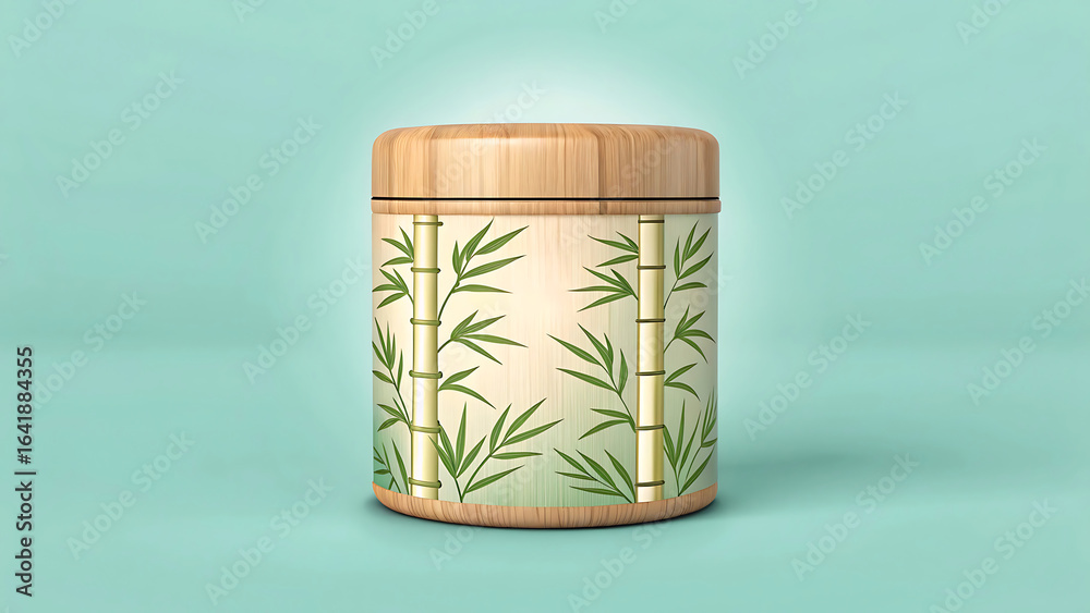 Bamboo patterned container with wooden lid on a teal surface Bamboo patterned container with wooden lid on a teal surface