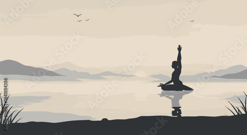Serene morning meditation with yoga silhouette on the water. Calm landscape illustration for mindfulness and spiritual balance.