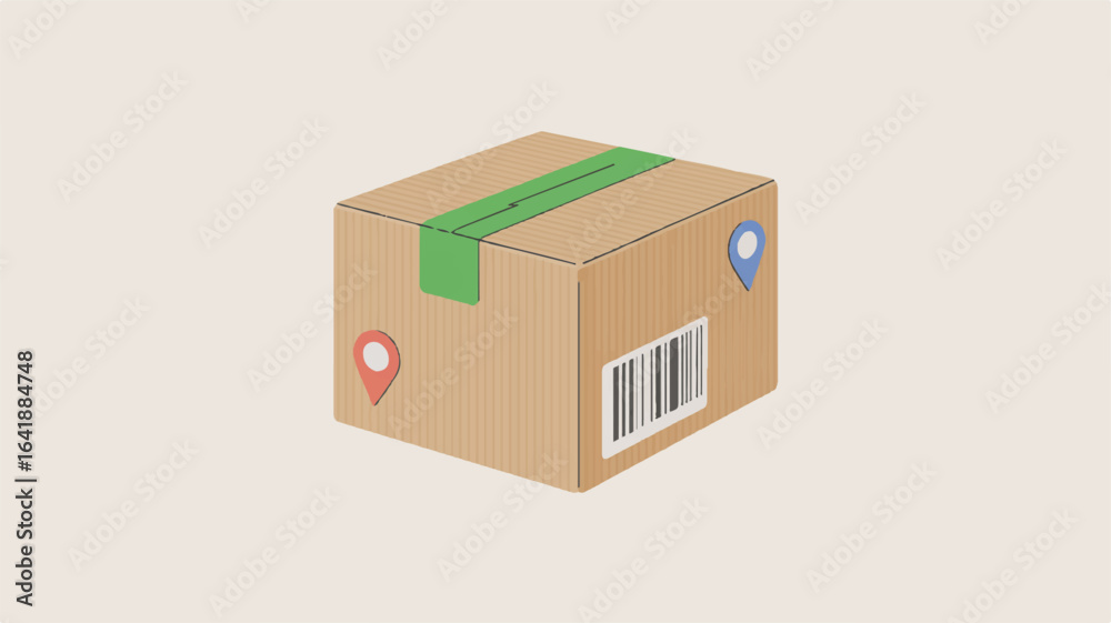 Obraz premium Brown cardboard box with green tape and location pins package delivery