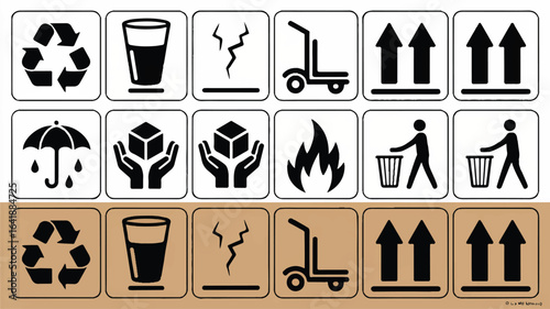 Black and white shipping symbols on white and brown backgrounds recycling fragile