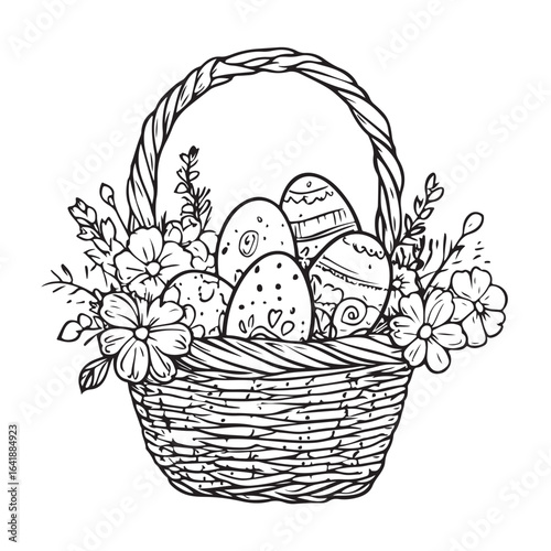 easter baskets outline - decorated holiday eggs and flowers vector