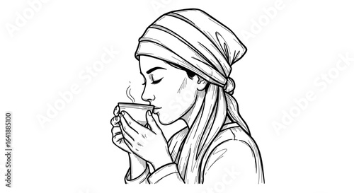 Woman drinking hot beverage illustration