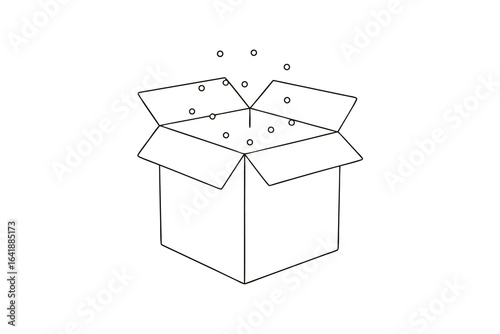 Minimalist single line drawing an open gift box with confetti celebration
