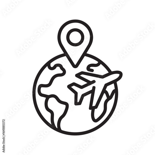 Airplane flying around globe icon in outline style