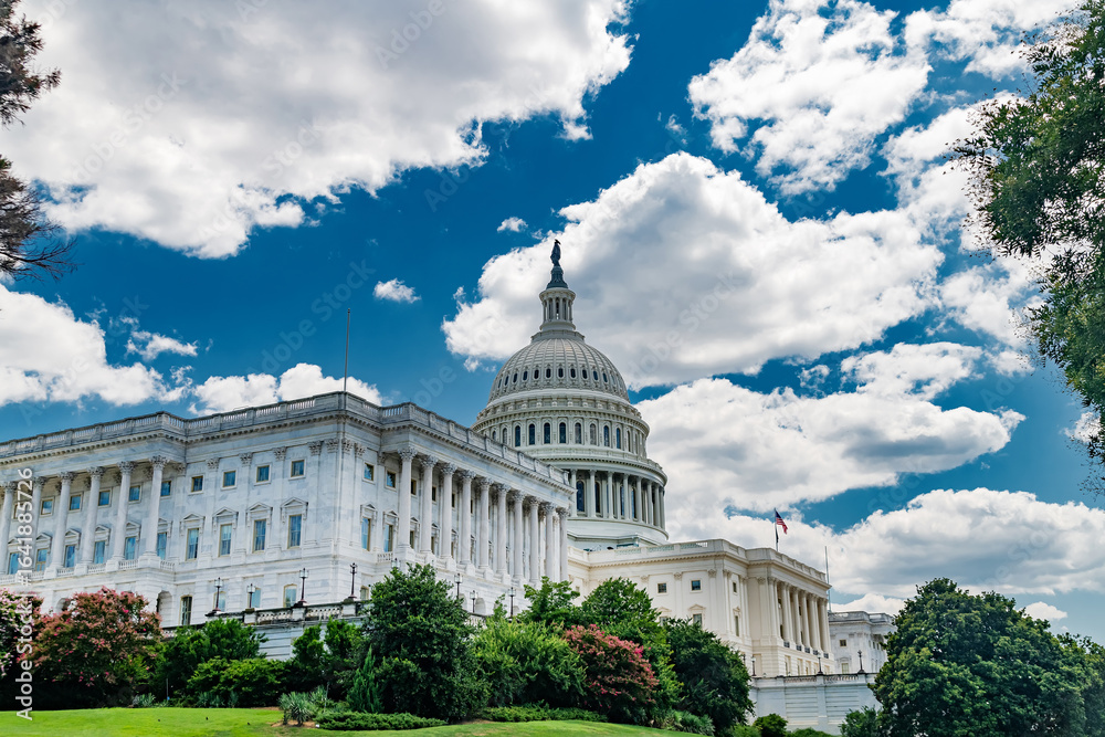 Naklejka premium The U.S. Capitol stands tall as a national symbol of freedom and authority. Urban skyline meets heritage and lawmaking.