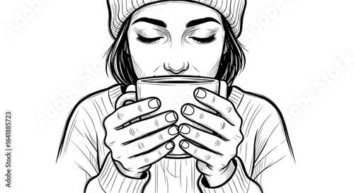 Woman holding and smelling hot drink illustration