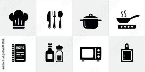 Kitchen Utensils and Cooking Appliances Minimalistic Black Icons Set in a Square Grid for Culinary Designs and Recipe Illustrations