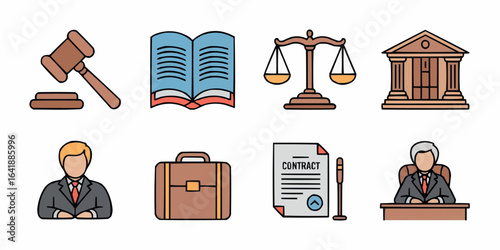 Legal System and Law Elements Depicted in Colorful Vector Icons Representing Justice Court and Legal Documents for Business
