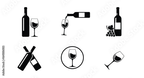 Black and White Wine Bottle, Glass, and Grape Icon Set � Beverage Theme Vectors