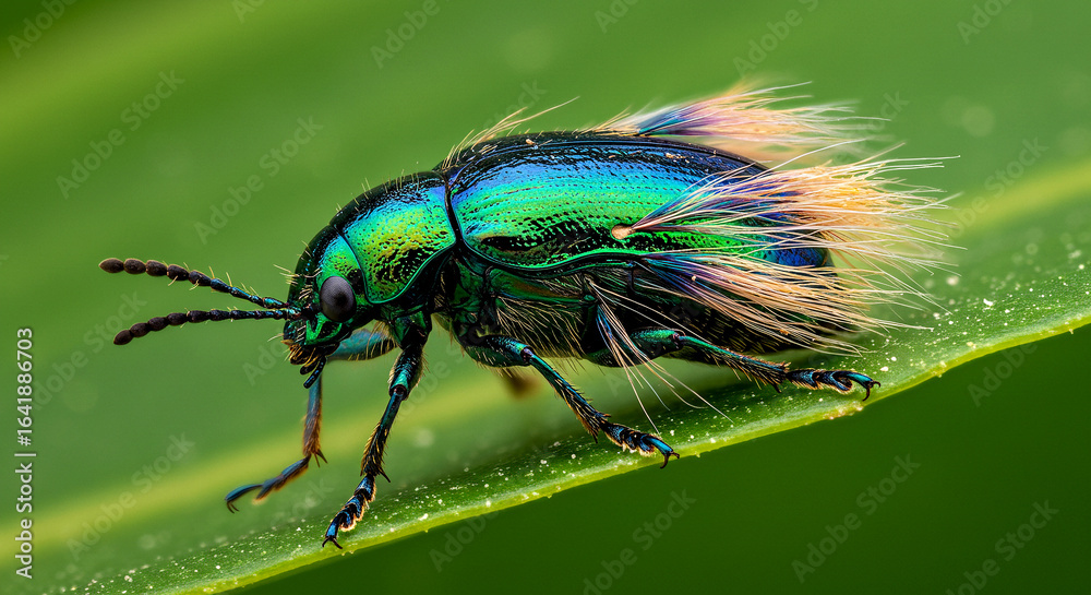 Fototapeta premium Close-Up of Iridescent Metallic Beetle with Blue, Green, and Red Exoskeleton on Green Leaf