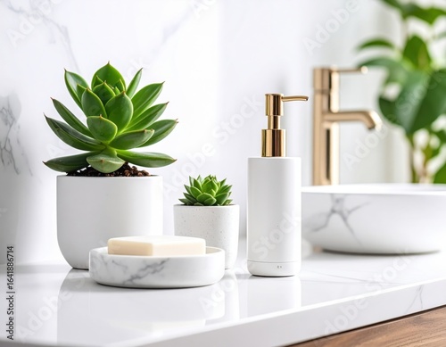A serene bathroom scene featuring a succulent, soap dispenser, and elegant decor.