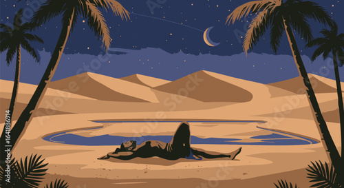 A serene desert landscape at night, featuring a person resting by a tranquil oasis under a starry sky with a crescent moon.