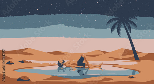 A lone figure finds peace, floating in a desert oasis beneath a vast, star-filled night sky illustration.