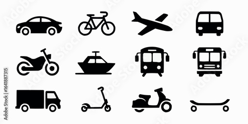 Transportation Icons Collection Featuring Car Bicycle Airplane Bus Motorcycle Boat Truck Scooter and Skateboard on White Background