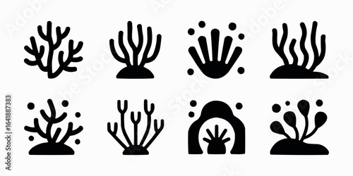 Underwater Coral Reef Diversity and Marine Life Black Silhouettes on White Background Vector Illustration depicting ocean ecosystem and biodiversity
