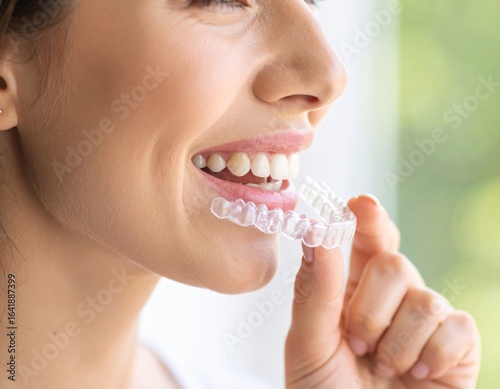 Smiling woman with clear aligners, showcasing dental health and teeth care.
