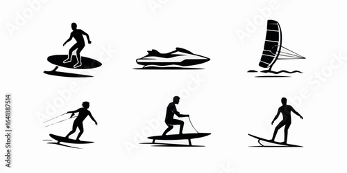 Water Sports Collection Silhouette Illustration Featuring Hydrofoil Surfboard Jet Ski Windsurfing Water Skiing Efoil and Surfing Minimalist Design