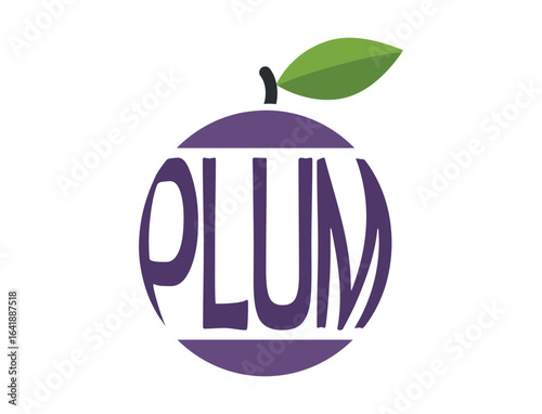 Plum with inscription plum. Natural organic fruit. Harvest, agriculture and gardening symbol. Isolated vector image