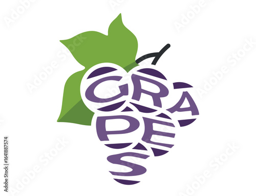 Grapes with inscription grapes. Natural organic fruit. Harvest, agriculture and gardening symbol. Isolated vector image