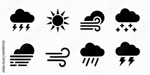 Weather Icon Set Depicting Sunny Cloudy Rainy Snowy Windy and Stormy Conditions Providing a Comprehensive Visual Representation for Forecasting and UI Design