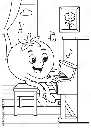Coloring book page of a tomato happily playing the piano.
