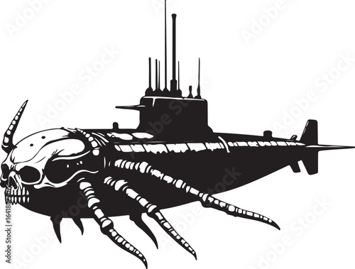 Submarine with skull front and spiky bone appendages vector art skeleton