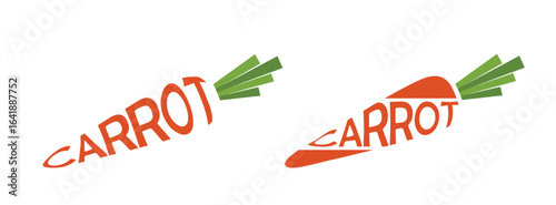 Two carrots with inscription carrot. Vegetable, planting and harvest symbols. Natural organic food. Isolated vector images