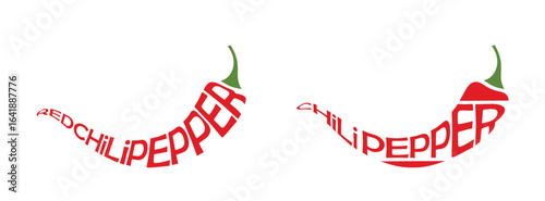 Two hot chili peppers with inscription chili pepper. Vegetable, planting and harvest symbols. Natural organic food. Isolated vector images