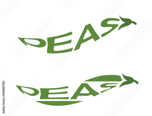 Two peas with inscription peas. Vegetable, planting and harvest symbols. Natural organic food. Isolated vector images
