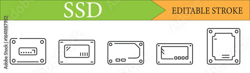 Solid State Drive (SSD) linear icons set. A customizable collection of various computer data storage hardware components. Editable stroke.