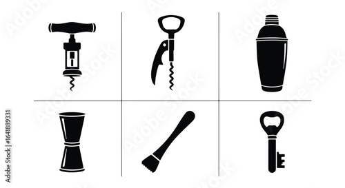 Essential Bar Tool Icon Set � Corkscrews, Shaker, Jigger, Muddler, Bottle Opener Vectors